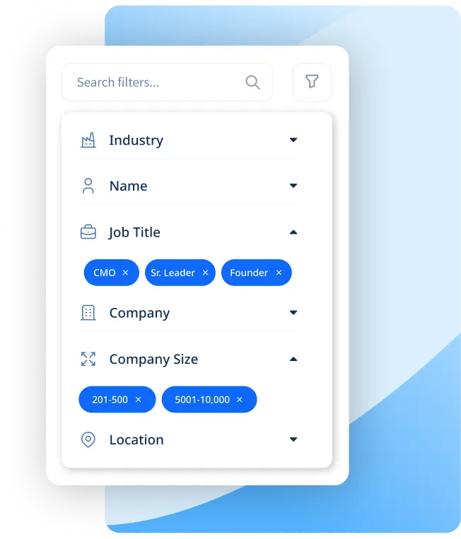 B2B Lead Finder with filters by job title, company size, and location.