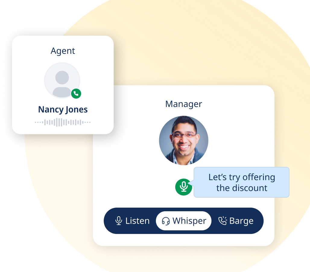 Live call coaching interface with listen, whisper, and barge-in options