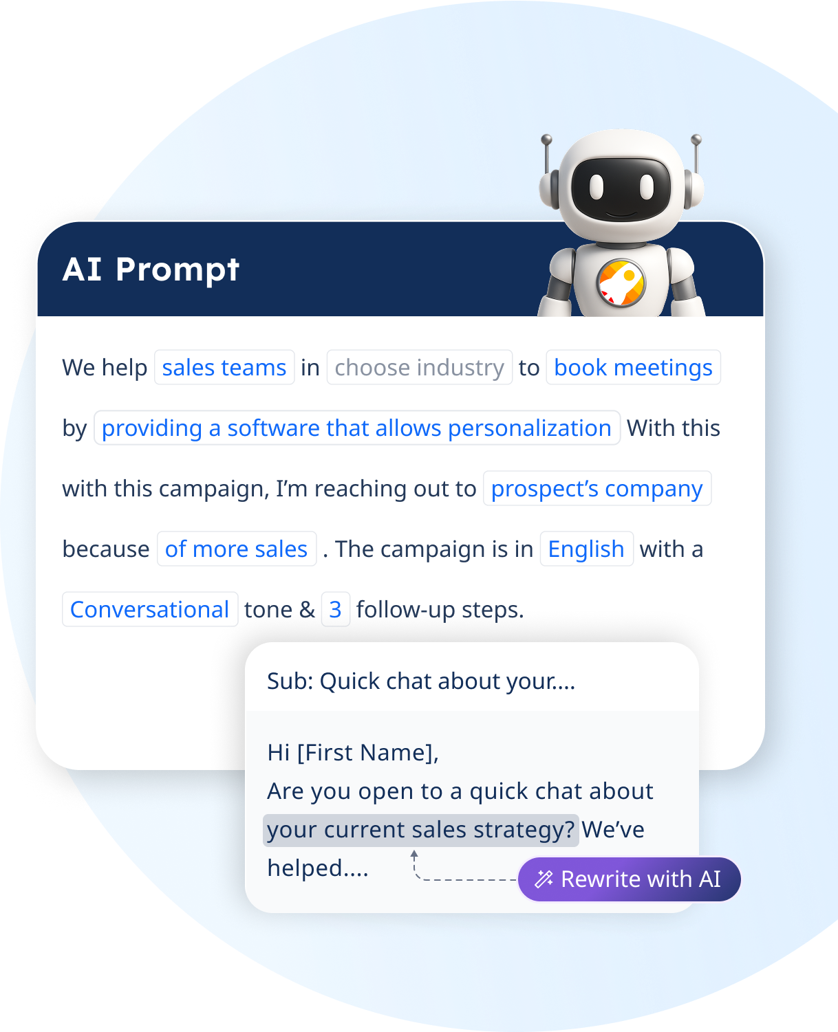 AI content generation interface showing personalized email creation